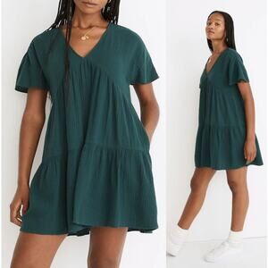 Madewell Forest Green Gauze Lightspun Popover V-Neck Tiered Babydoll Mini Dress